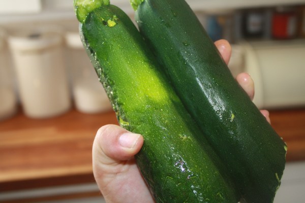 I used two medium-large green zukes for this batch. I really like using one yellow and one green because those colors come through int he final product. But really, anything you have will work.