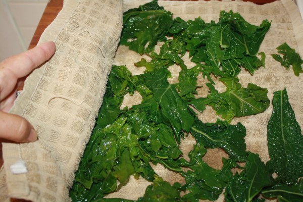 Spread the blanched kale leaves out in one layer on a clean towel.