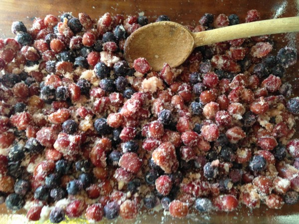 3 cups frozen tart cherries and 3 cups frozen blueberries, tossed with 3 Tbsp all-purpose flour, 1/2 cup sugar, and 2 tsp almond extract.